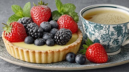Poster - Delicious berry tart and tea cup on a plate, perfect for a relaxing afternoon treat.