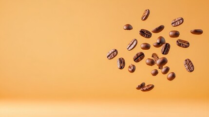 Poster - Roasted coffee beans are levitating on a warm orange background, creating a visually appealing scene that embodies the essence of coffee and its rich aroma