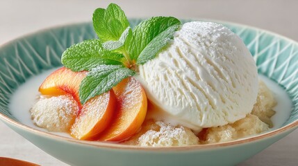 Poster - Delicious dessert with peach slices, ice cream, and mint in a beautiful bowl