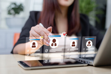 Human Resource (HR) Management Technology HR Managers tap into HR network structure and review online CV to select the perfect employees for the company. Effective recruitment.