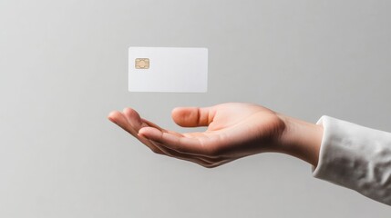 Poster - Open hand of a businesswoman showing a levitating contactless credit card on a neutral background, suggesting innovative online payment and secure financial transactions in the digital age