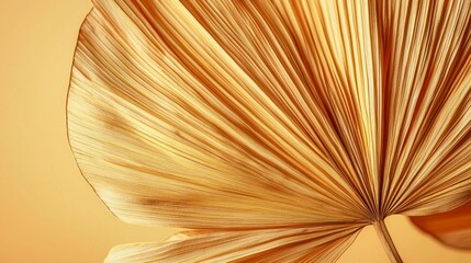 Poster - A golden palm leaf is highlighted against a soft, warm background, emphasizing its intricate textures and patterns. The light creates a serene and calming visual appeal