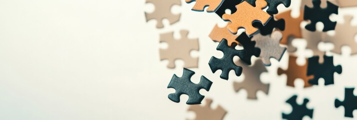 Aufkleber - Jigsaw puzzle pieces floating in mid air against a white background evoke intrigue and mystery while inviting contemplation of problem solving and connection