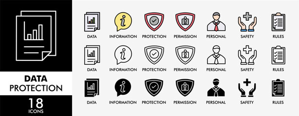 Poster - DATA PROTECTION icon set with various styles and colors data, information, protection, permission, personal, safety and rules