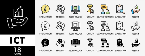 Poster - ICT icon set with various styles and colors  antenna, radio, network, website, database, cloud, server, data, electronic, and processor