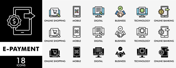Poster - E-PAYMENT icon set with various styles and colors online shopping, technology, digital, mobile, business and online banking