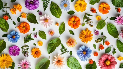 Aufkleber - Brightly colored flowers and green leaves are artistically arranged on a white surface, showcasing a variety of floral species and a cheerful spring vibe