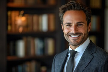 Poster - A sophisticated man in a suit, smiles warmly against a blurred bookshelf background.