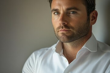 Poster - Close-up portrait of a man with serious expression, wearing a crisp white shirt.