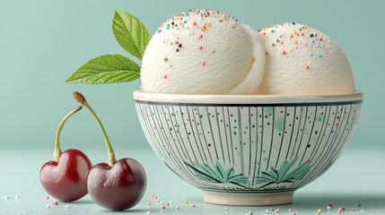 Poster - Delicious ice cream scoops with cherries and sprinkles in a decorative bowl.