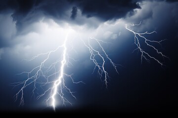 lightning bolt in mid-strike, arcing across a stormy sky and lighting up the clouds in a brilliant w