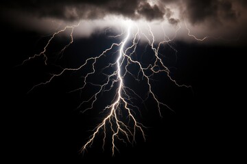 lightning bolt in mid-strike, arcing across a stormy sky and lighting up the clouds in a brilliant w
