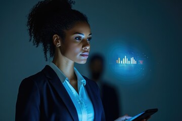 Leinwandbilder - A businesswoman analyzes data projected on a digital screen, showcasing modern technology in business.