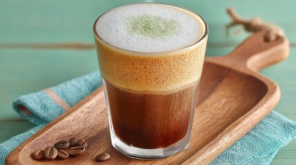 Poster - Delicious layered coffee drink with matcha foam served on a wooden tray