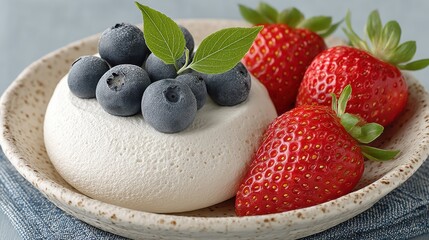 Poster - Delicious meringue dessert with blueberries and strawberries in a rustic bowl