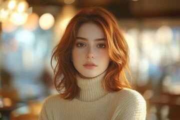 Poster - A young woman with vibrant red hair, wearing a cream turtleneck sweater, looks directly at the camera in a softly lit indoor setting.