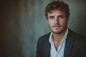 Poster - A young man with wavy brown hair, wearing a dark suit and light shirt, gazes intently at the camera.