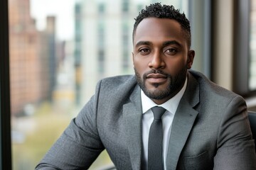 Poster - Confident Black businessman in a grey suit, seated near a window.