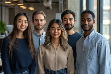 Poster - A diverse group of young professionals stand together, showcasing teamwork and collaboration in a modern office setting.