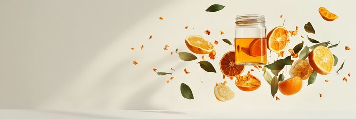 Aufkleber - Fresh orange juice in a glass jar, surrounded by orange slices, leaves, and dried petals, floating in the air against a minimalist off white background, creating a refreshing and vibrant scene