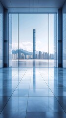 Poster - 高層ビルの窓からの都会の景色 青い空と水面を背景にした現代建築の視点