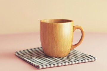 Poster - Empty light brown wooden mug on a checkered cloth napkin.
