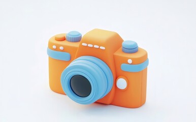 Aufkleber - オレンジと青色のデザインされたカメラオブジェクト 白い背景に分離された3Dイラスト