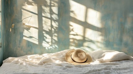 Aufkleber - Casual travel mood with hat and textile resting on bed, calm palette of blues and neutrals