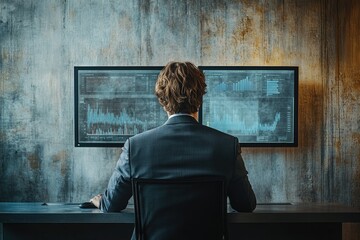 Fototapete - A businessman analyzes financial data on dual monitors, reviewing charts and graphs for investment decisions.