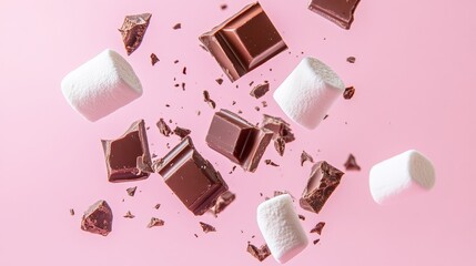 Aufkleber - Sweet marshmallows and chocolate chunks of different sizes are levitating on a vibrant pink background, creating a playful and tempting scene for confectionery lovers