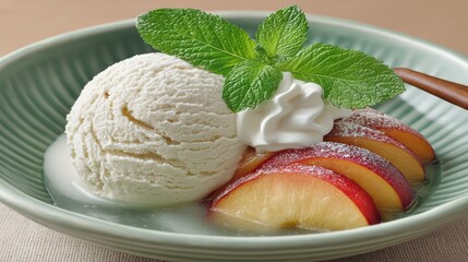 Poster - Delicious vanilla ice cream with peach slices, whipped cream, and mint garnish