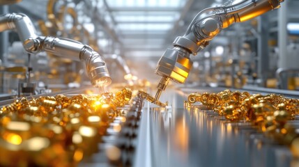 Aufkleber - Detailed view of a robotic production line processing shiny metal parts in an organized layout