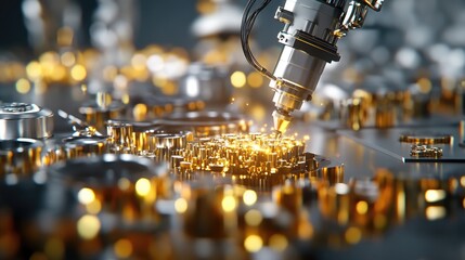 Aufkleber - Detailed view of a robotic production line processing shiny metal parts in an organized layout