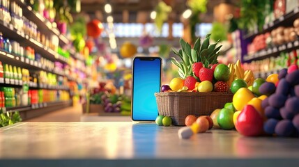 Poster - Digital shopping scene with phone on checkout counter in grocery aisle