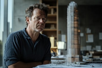 Poster - A male architect contemplates a model of a modern skyscraper, showcasing his design and vision.