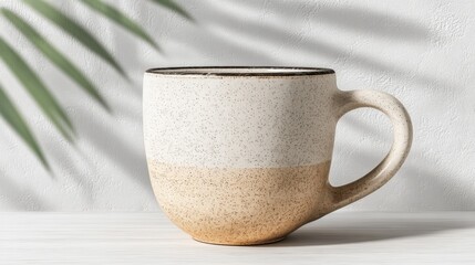 Poster - Elegant ceramic coffee mug with speckled design and natural light on white surface.