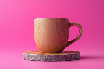 Poster - Wooden coffee cup on a circular coaster against a vibrant backdrop.