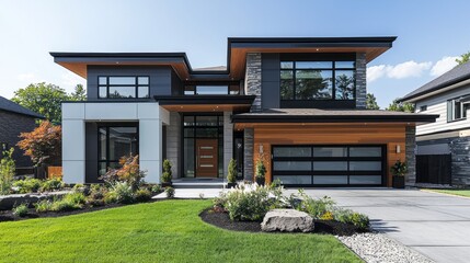Poster - A contemporary house features a sophisticated design with glass and stone elements. Lush green lawns and carefully arranged stones enhance the curb appeal in a peaceful suburb