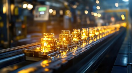 Poster - Gleaming metal pieces on a conveyor system illuminated in a clean, efficient manufacturing plant