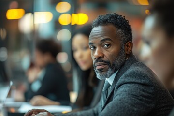 Poster - A serious-looking middle-aged Black man in a suit sits in a meeting, focused and attentive.