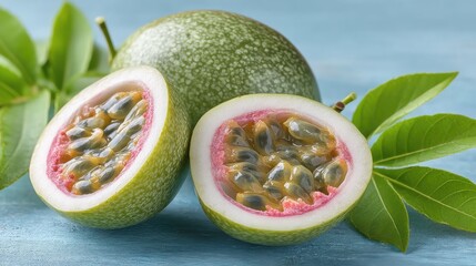 Poster - Fresh passion fruits with green leaves on a blue wooden background close up