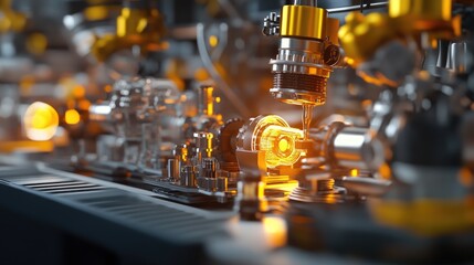 Poster - High-tech production line with shiny metal parts and bright industrial lighting in a modern factory