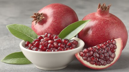 Poster - Fresh pomegranates with vibrant red seeds in a bowl and a slice on a gray background