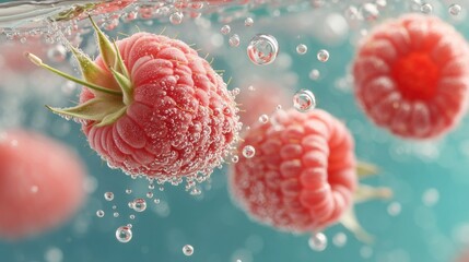 Poster - Fresh raspberries submerged in water with bubbles creating a refreshing look.