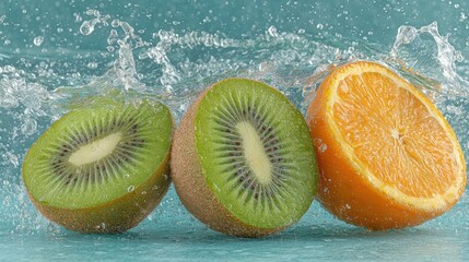 Poster - Fresh sliced kiwi and orange with water splash on a turquoise background.