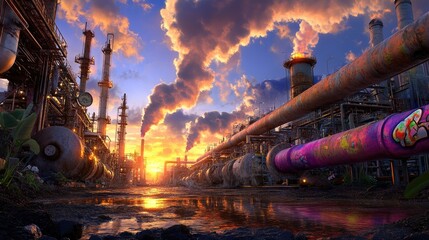 Poster - Industrial refinery scene with rows of sunset-lit pipes and steam rising into evening sky