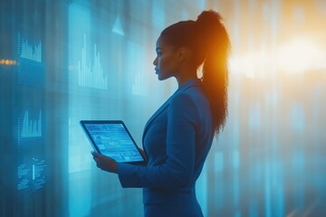 Aufkleber - A businesswoman analyzes data displayed on a futuristic interactive screen, showcasing modern technology and business intelligence.