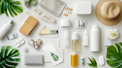 Aufkleber - Organized flat lay of wellness-focused travel items including hat, pills, travel documents, and sanitizer