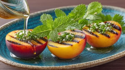 Poster - Grilled peach halves drizzled with honey and topped with herbs on a blue plate