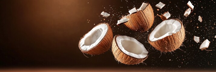 Poster - Cracked coconuts rotating in the air with small pieces of shell exploding everywhere on a dark brown background with a warm light coming from above